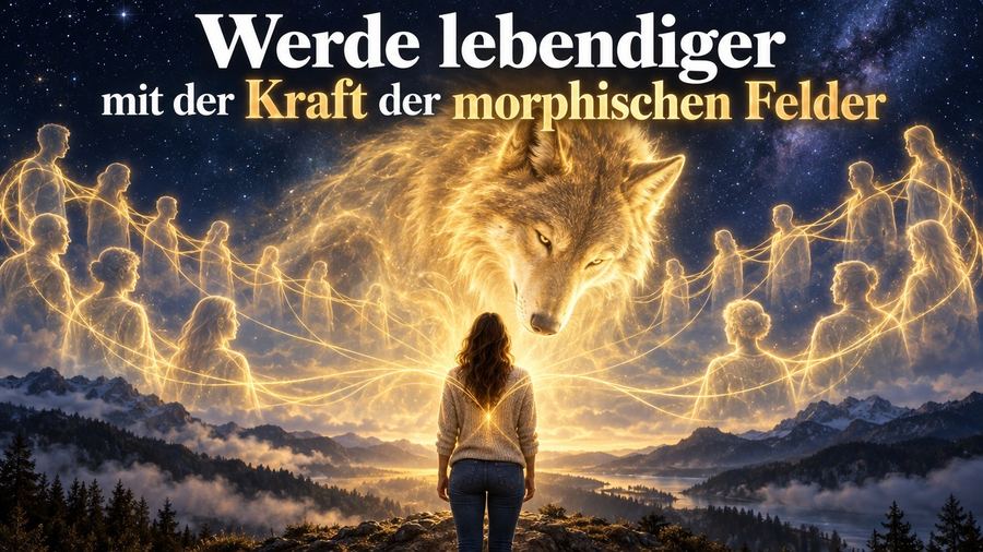 Werde lebendiger mit der Kraft der morphischen Felder: eine Frau von hinten, vor ihr das leuchtende Feld eines Wolfes, um sie herum die Felder von Familie und Menschheit